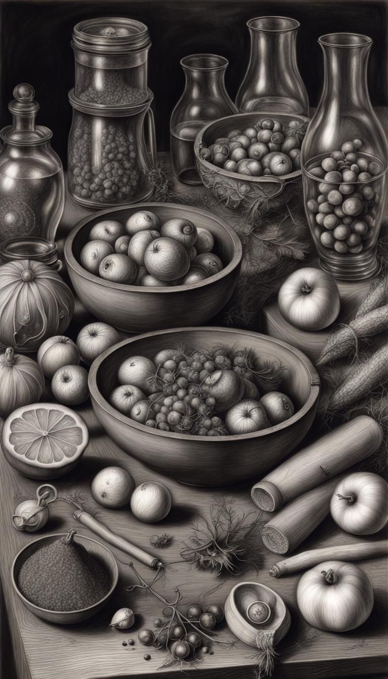 Hyperrealistic Charcoal Drawing of Magical Ingredients