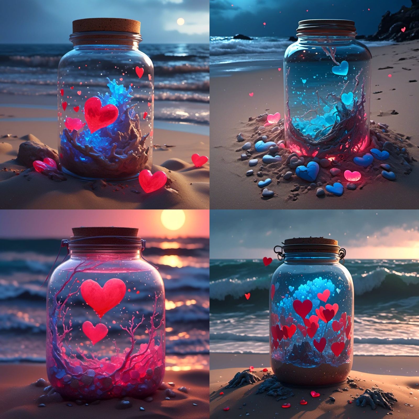 Jar of Glowing Hearts on Stormy Beach