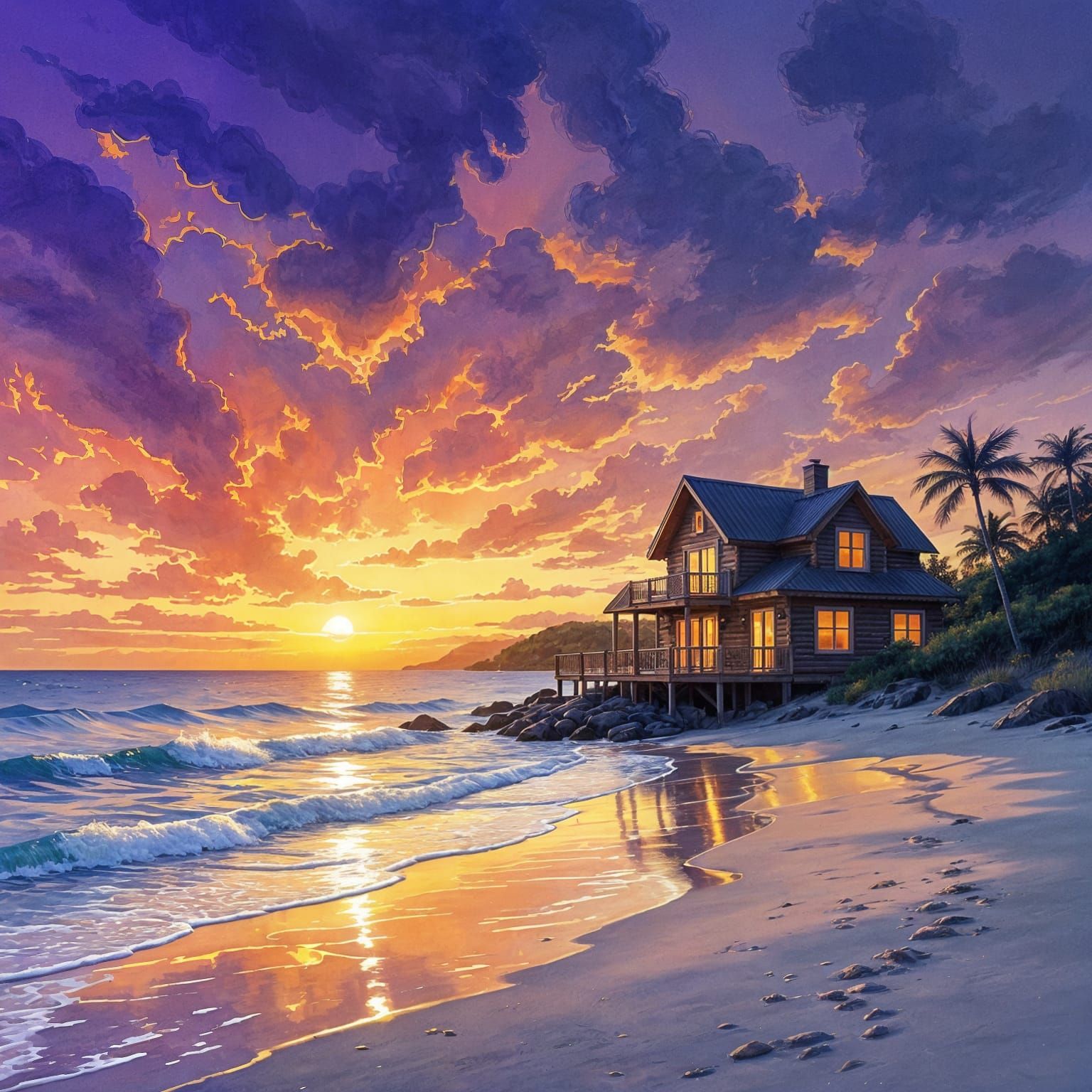 Sunset Beach House in Golden Hour Splash Art Style