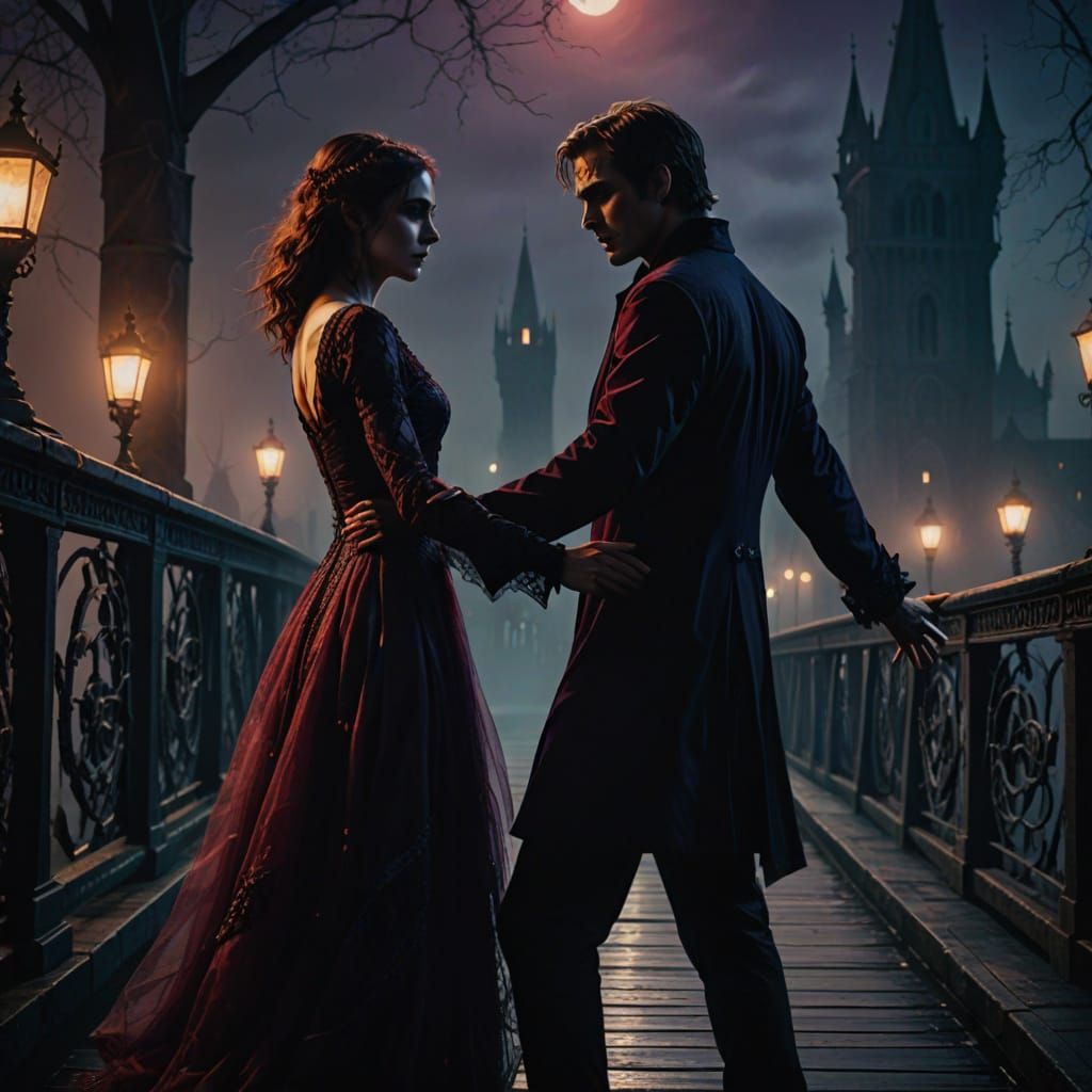 Ethereal Dance Under Blood Moonlight in Gothic Art