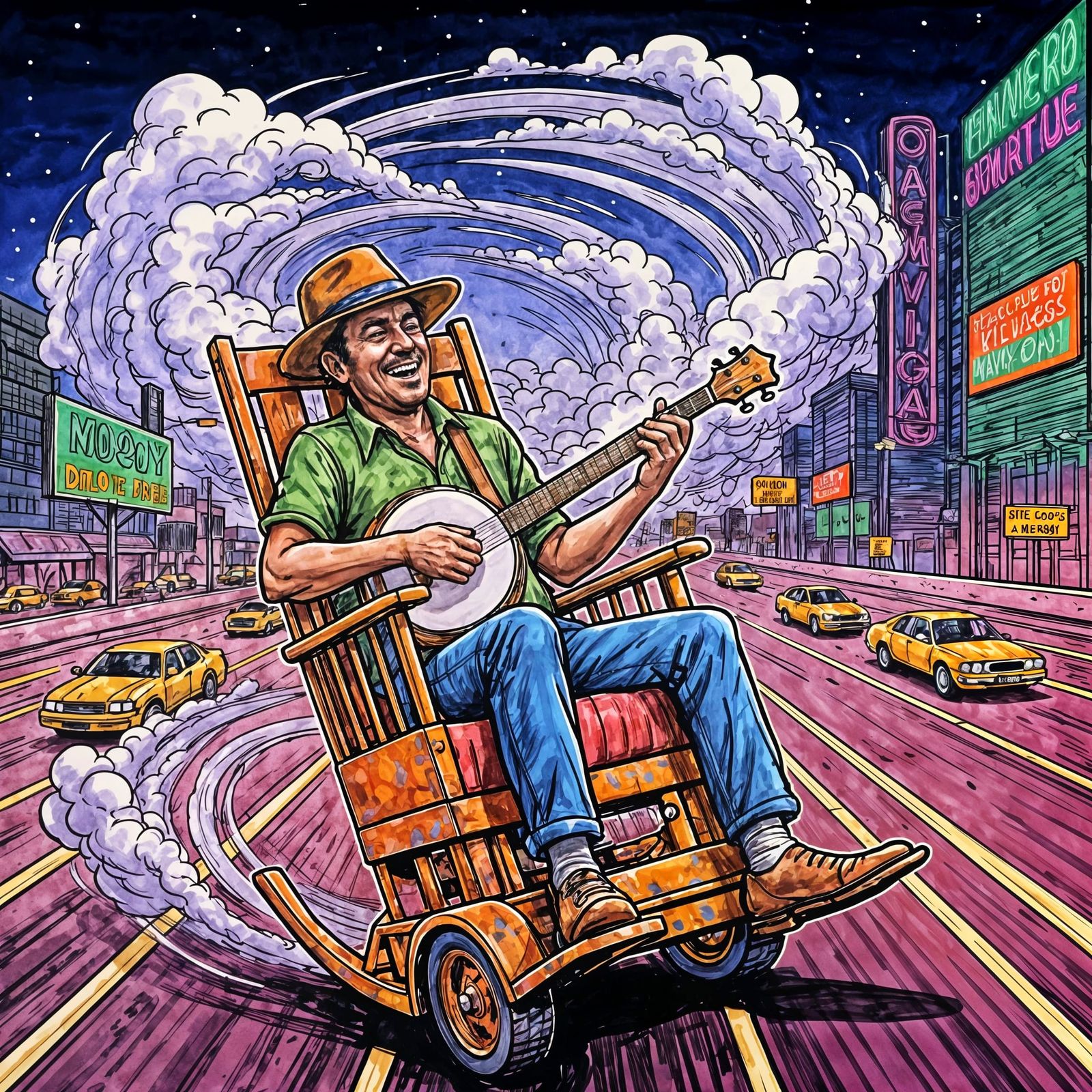 Joyful Banjo Player on Motorized Rocking Chair