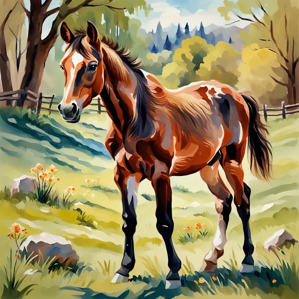 Cute Brown Foal in Spring: Gouache Watercolor Painting