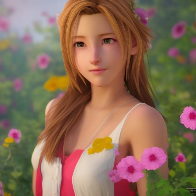 Photorealistic Aerith Gainsborough with Bright Flowers in 4K