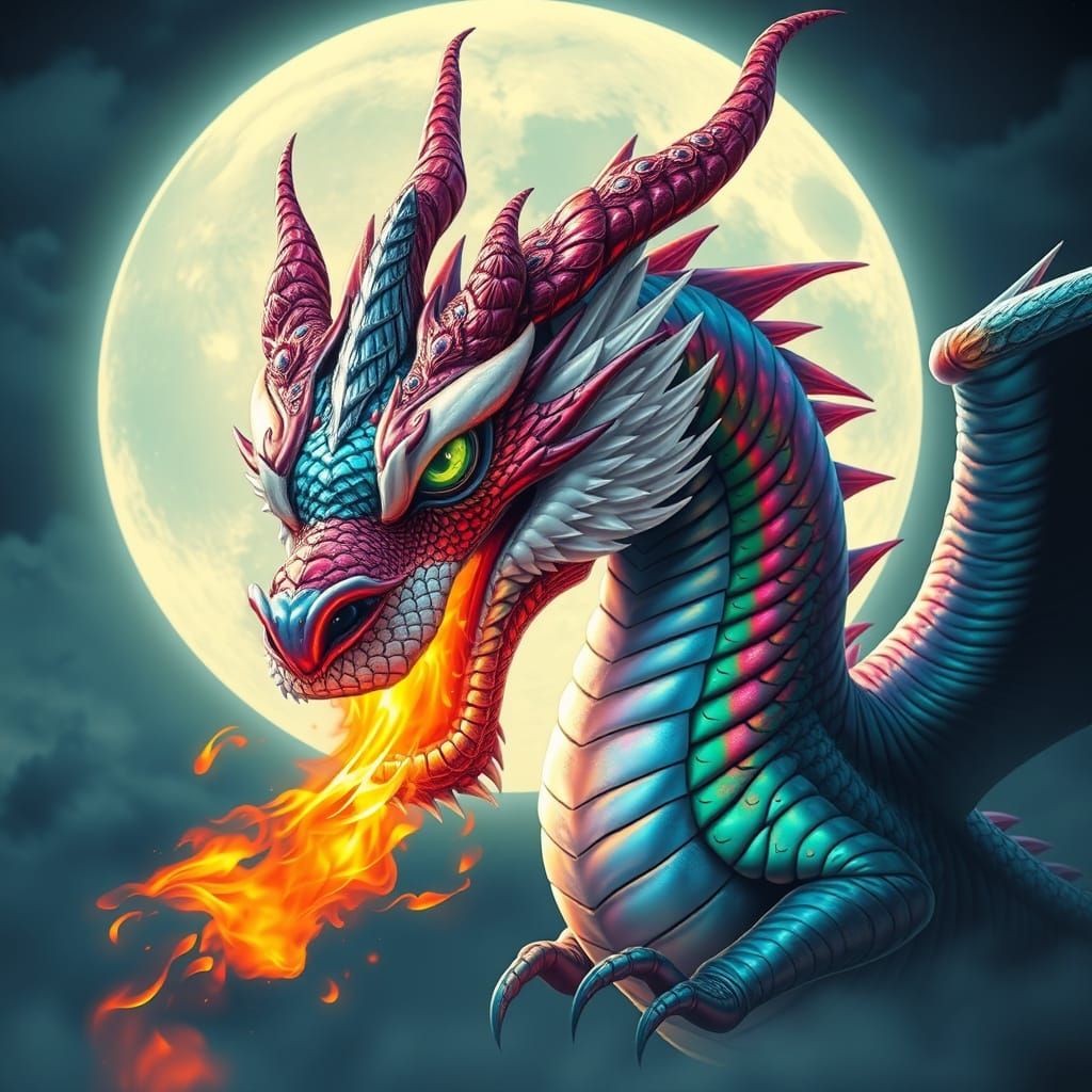 Iridescent Dragon Breathing Fire Under Lunar Glow