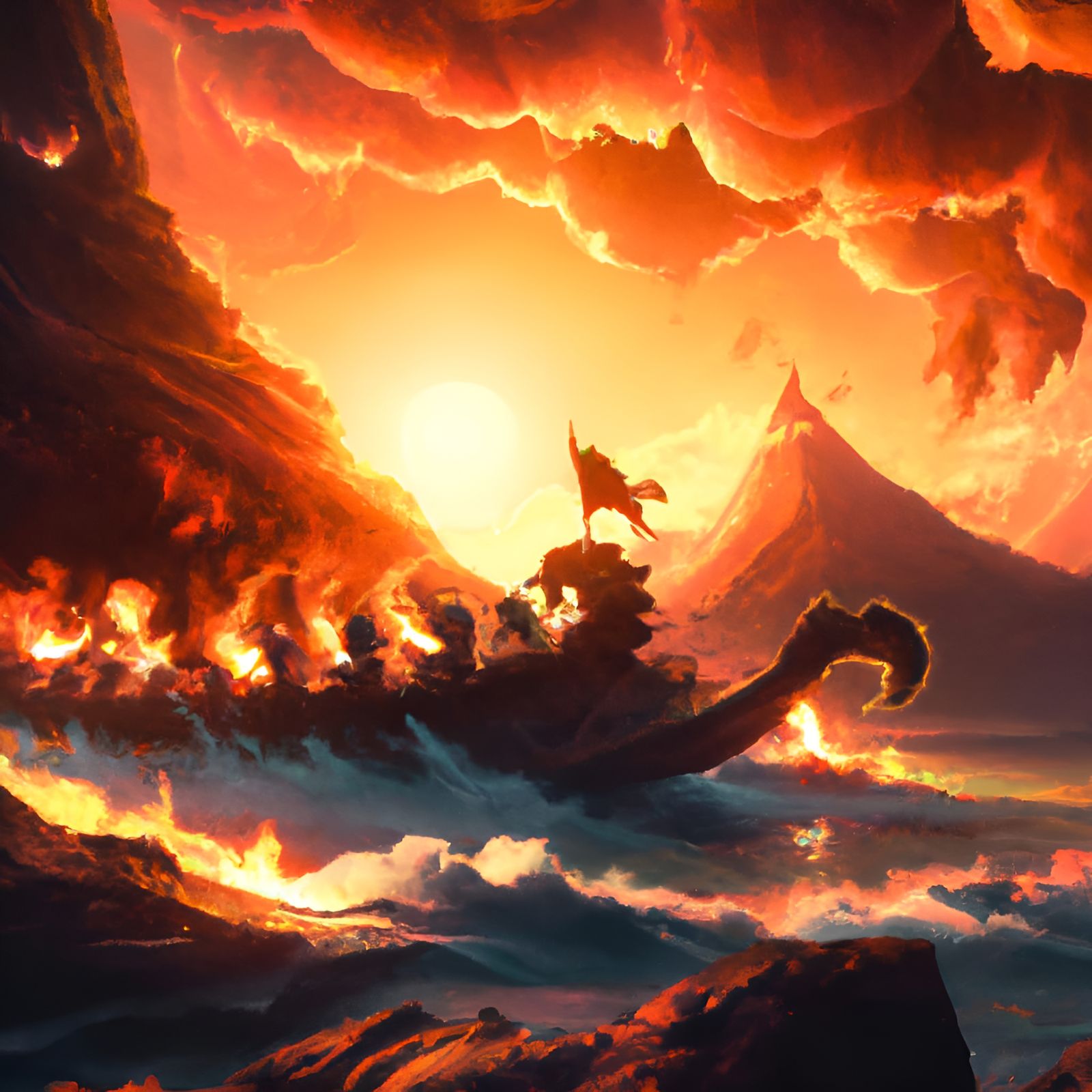 Boat on Lava River with Dancing Devils