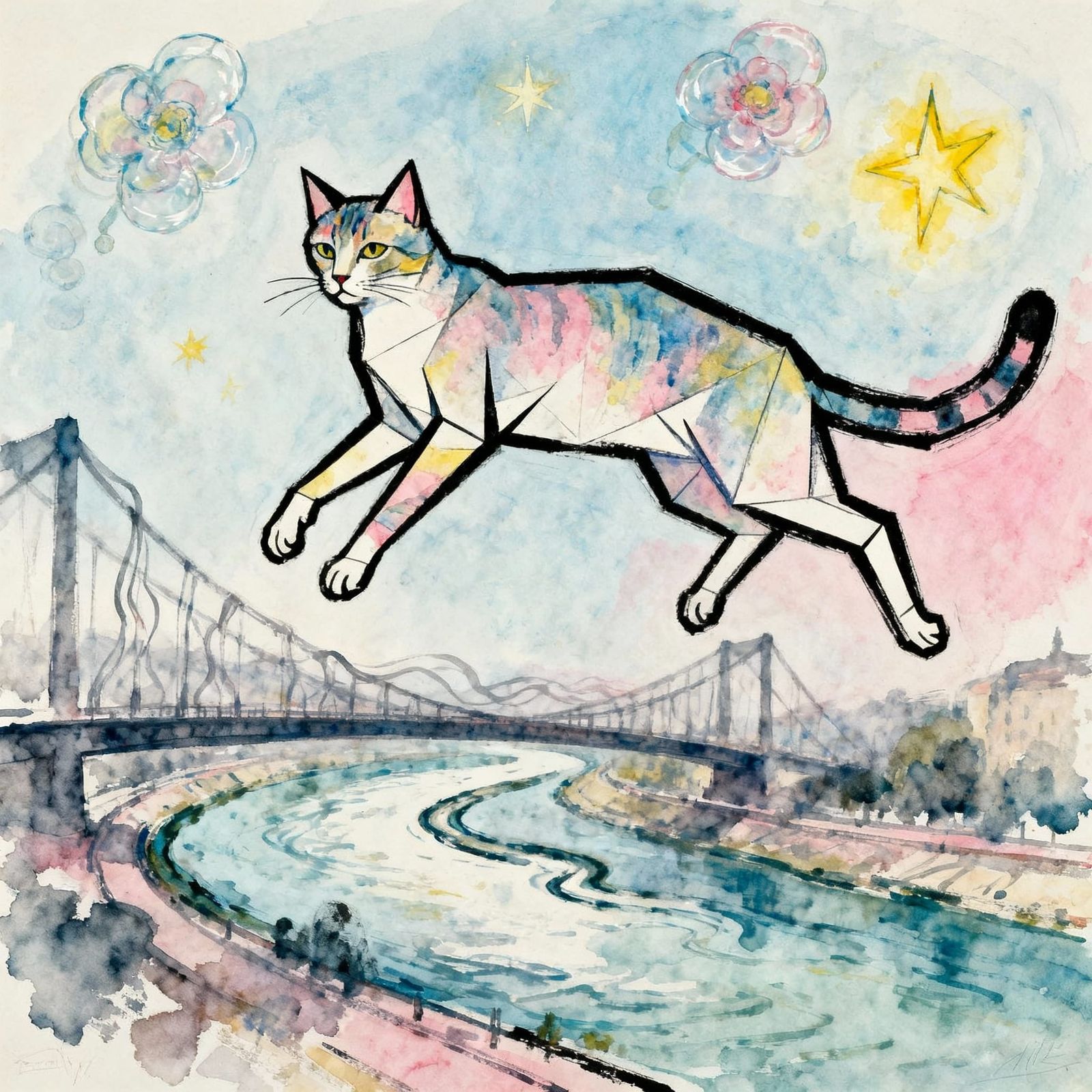 Cat's Journey: Buda to Pest in Chagall & Schiele Style