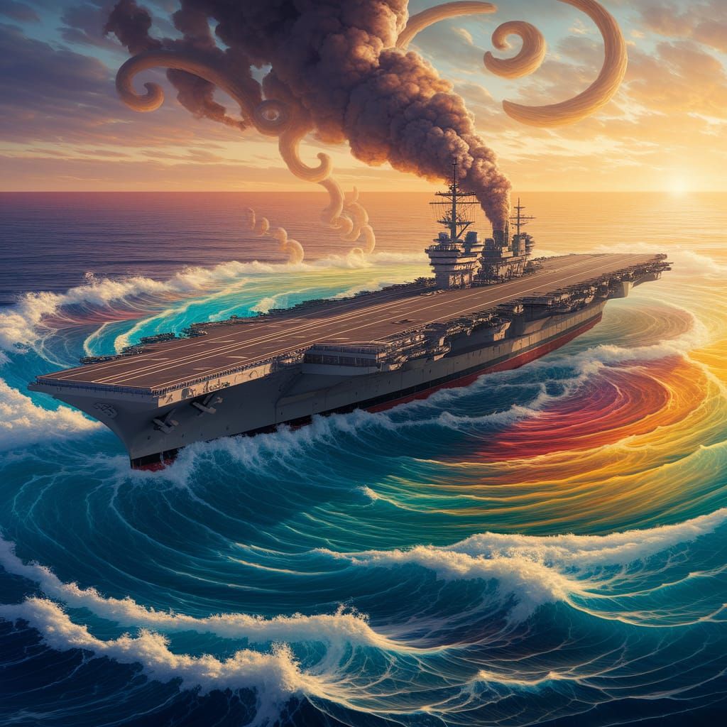 Dramatic Sinking of a Warship in a Vibrant, Golden Light