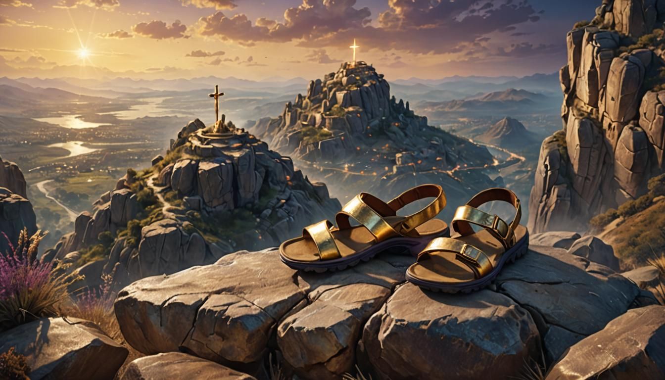 Sacred Sandals on Rocky Hillside in Fantasy Style