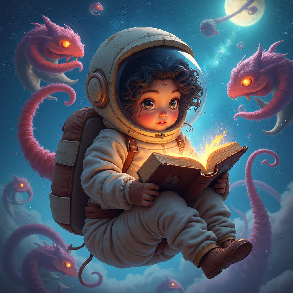 Girl Reading in Galaxy with Monsters: Fantasy Concept Art