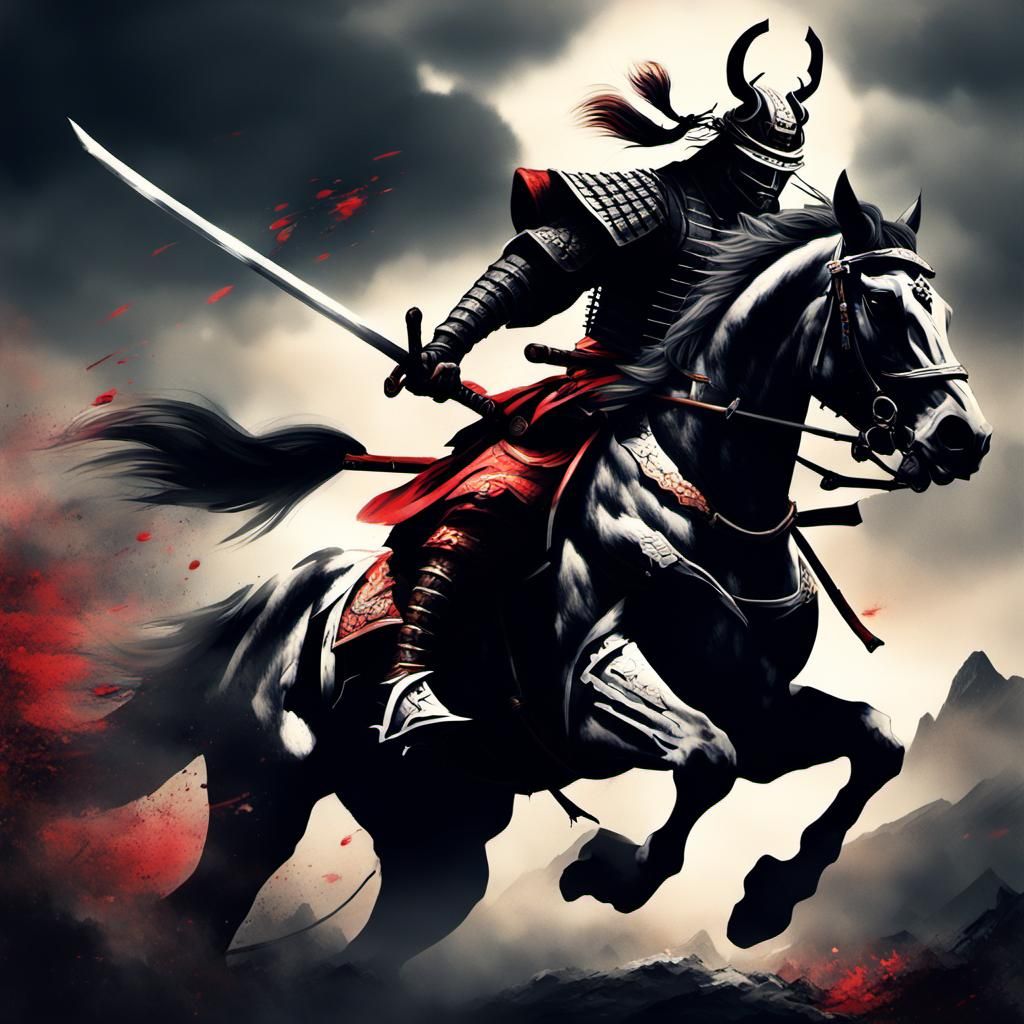 Samurai on Horseback in Dark Fantasy Battle
