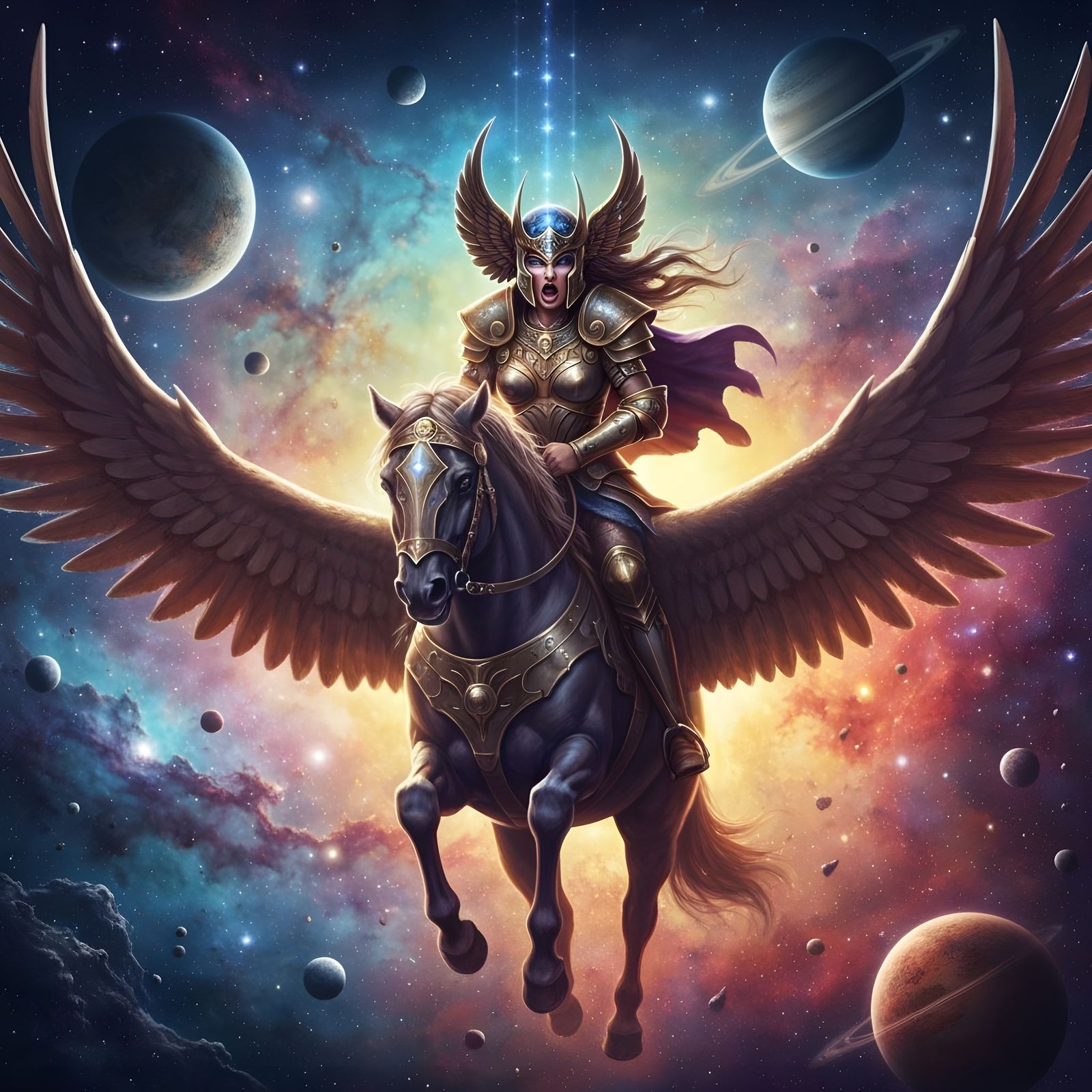 Valkyrie Soaring Through Cosmic Nebula