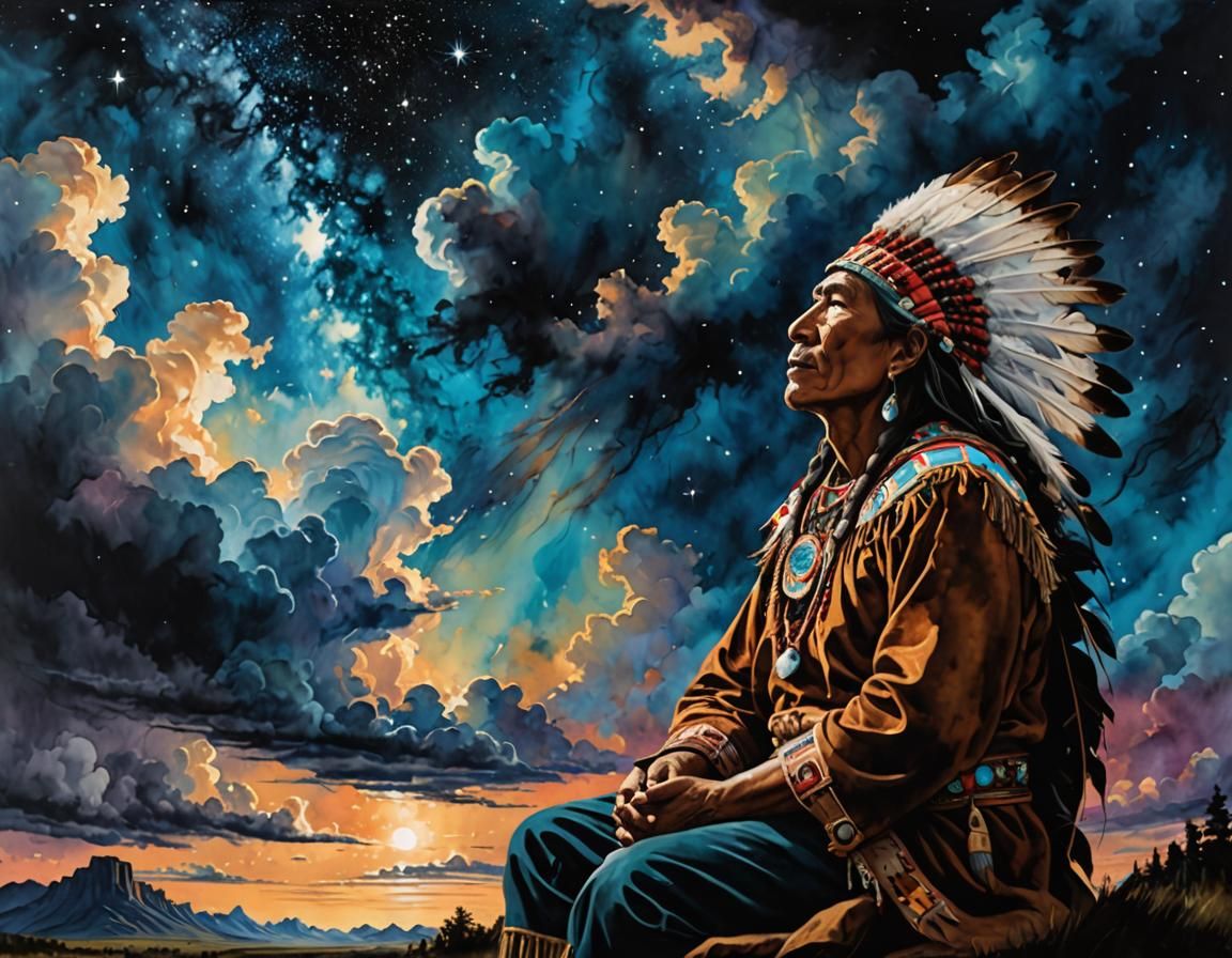 Native Man and Chief Face in Sky, Alcohol Ink