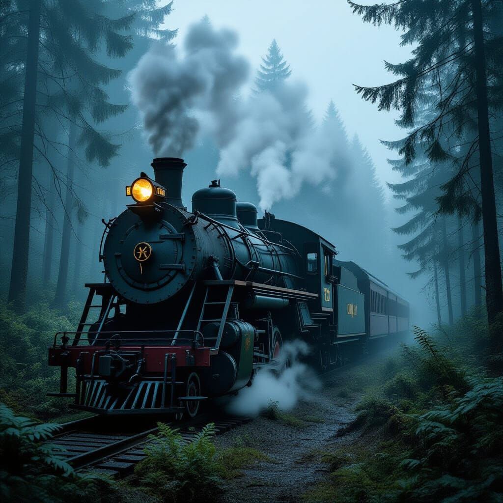 Abandoned Train in Misty Forest, Cinematic Mystery