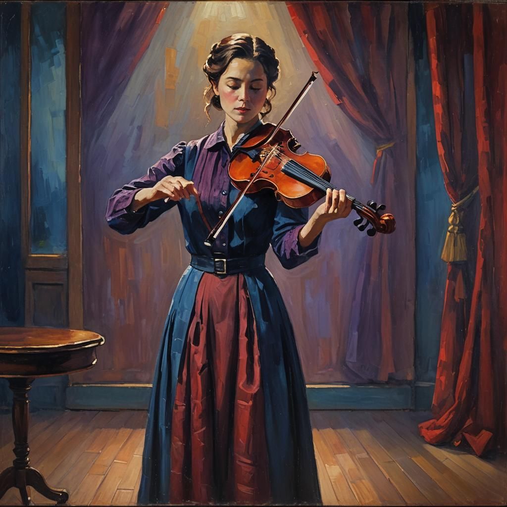 Woman Violinist on Stage in Post-Impressionist Style