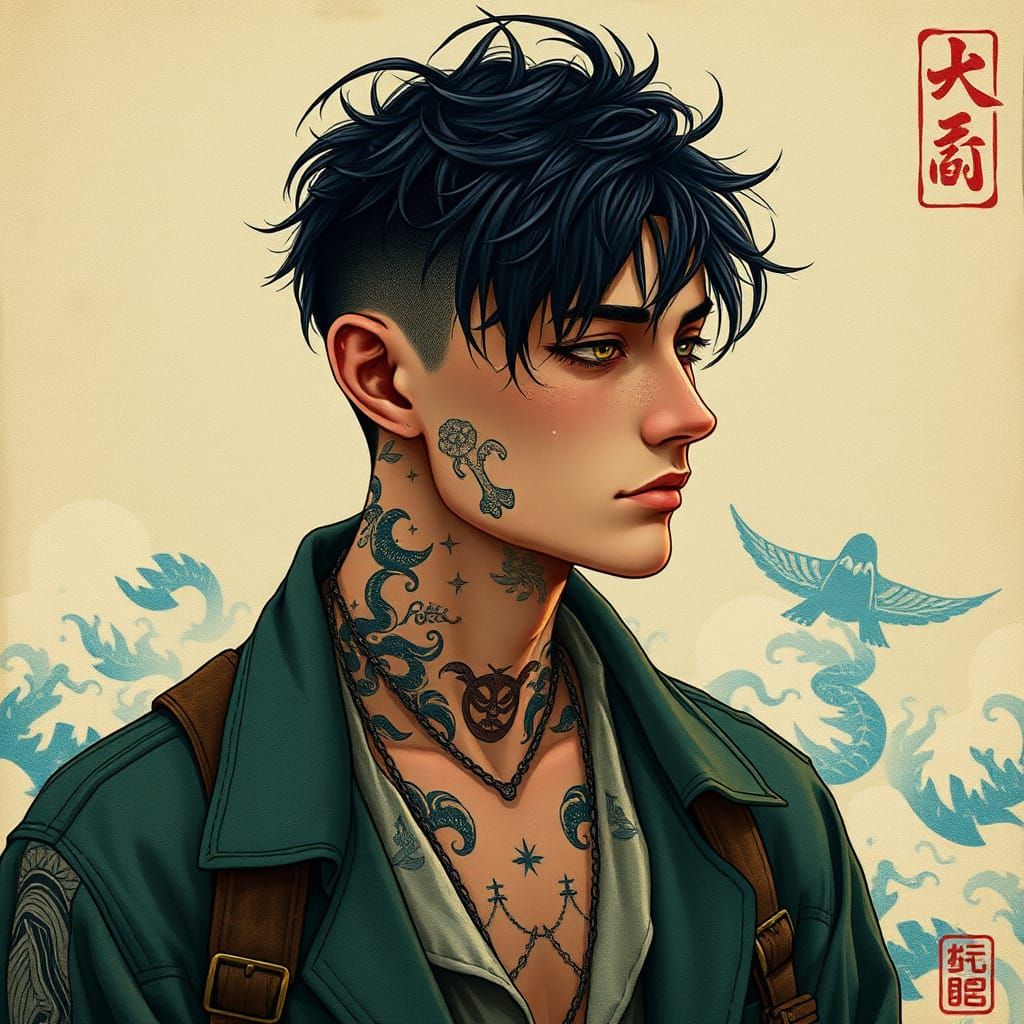 Surreal Traveler with Mystical Tattoos in Traditional Japane...