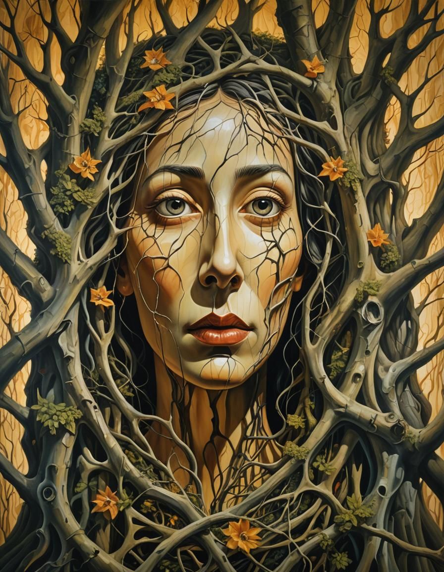 Surreal Woman in Forest, Dreamlike Oil Painting