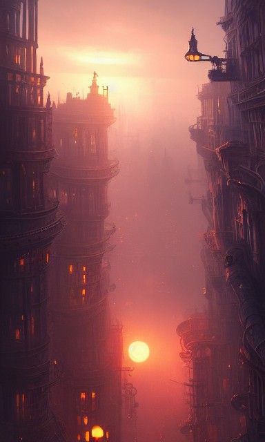 Steampunk Rabbit City Sunset in Dark Fantasy Style