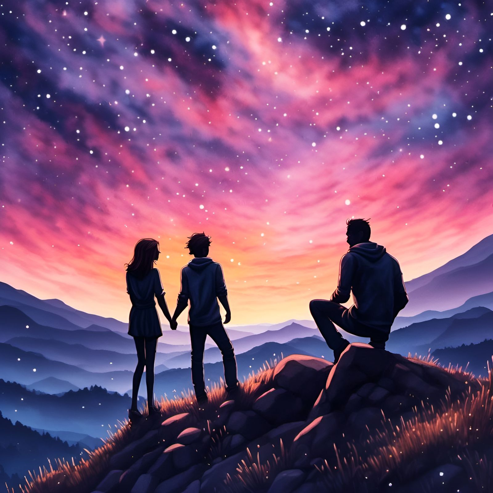 Watercolor Couple Embracing Under Sparkling Starry Sky