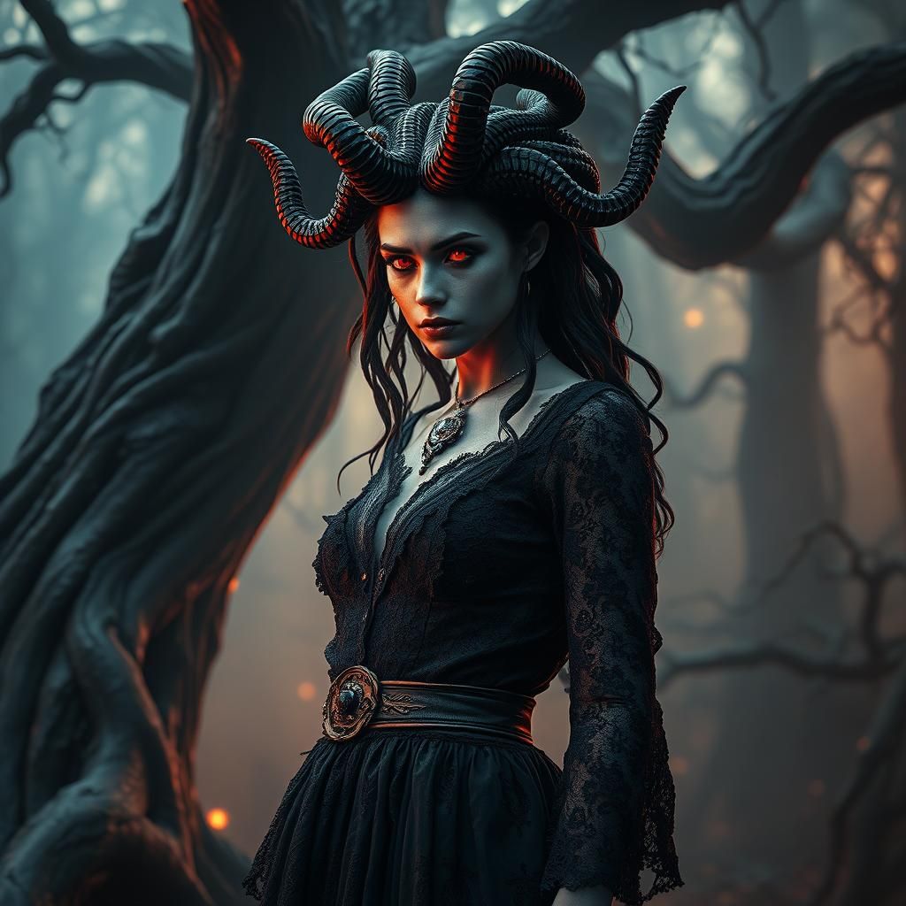 Medusa in Gothic Dress in Mystical Forest