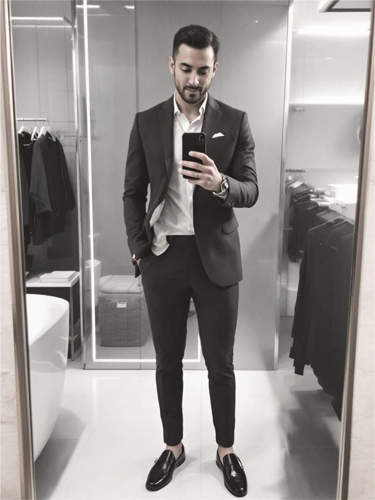 Confident Man Poses in Upscale Mirror Fit-Check