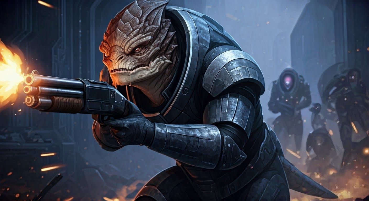 Mass Effect: Intense full-length portrait of a Krogan Warrio...