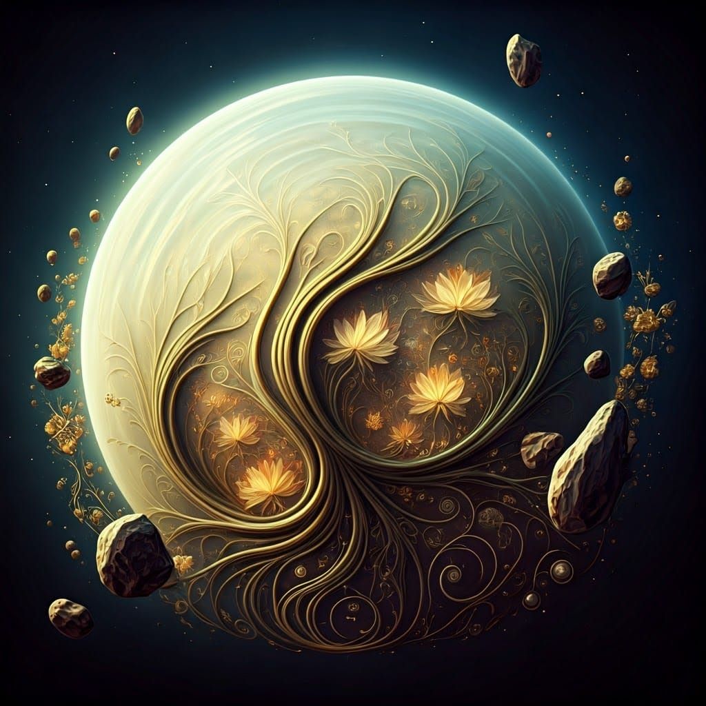 Ethereal Celestial Body with Swirling Clouds and Art Nouveau...