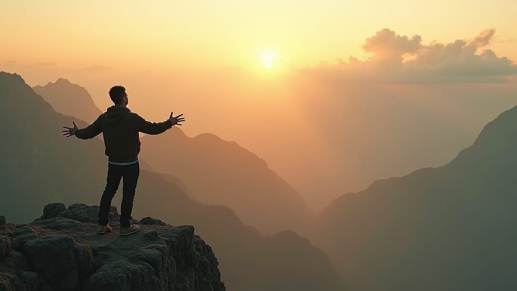 Cinematic Mountain Sunrise with Man in Golden Light