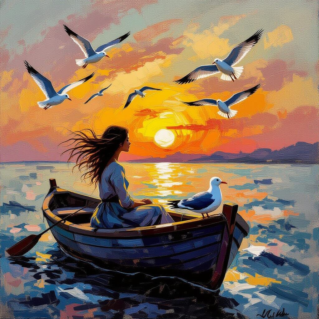 Sunset Woman in Boat: Neo-Impressionist Gouache and Charcoal