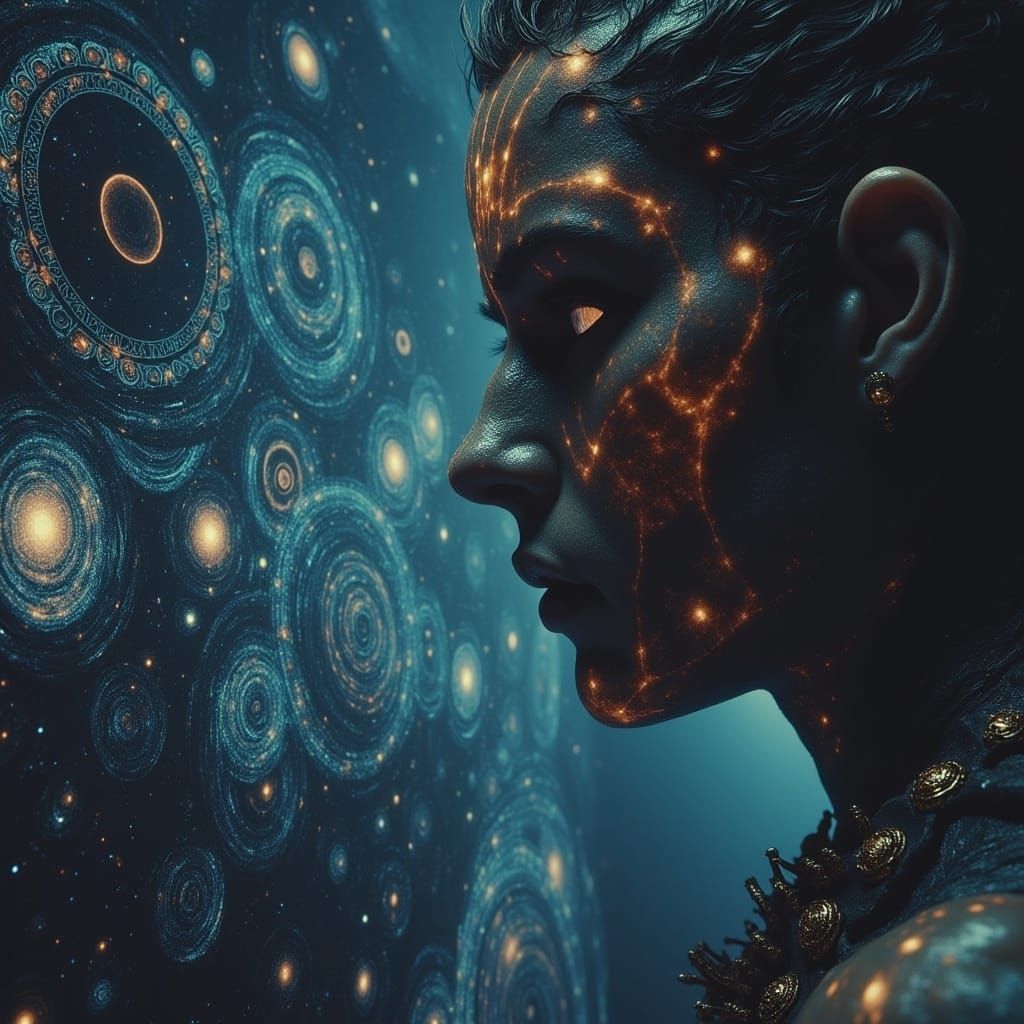 Alien Navigator Gazing at Holographic Star Map