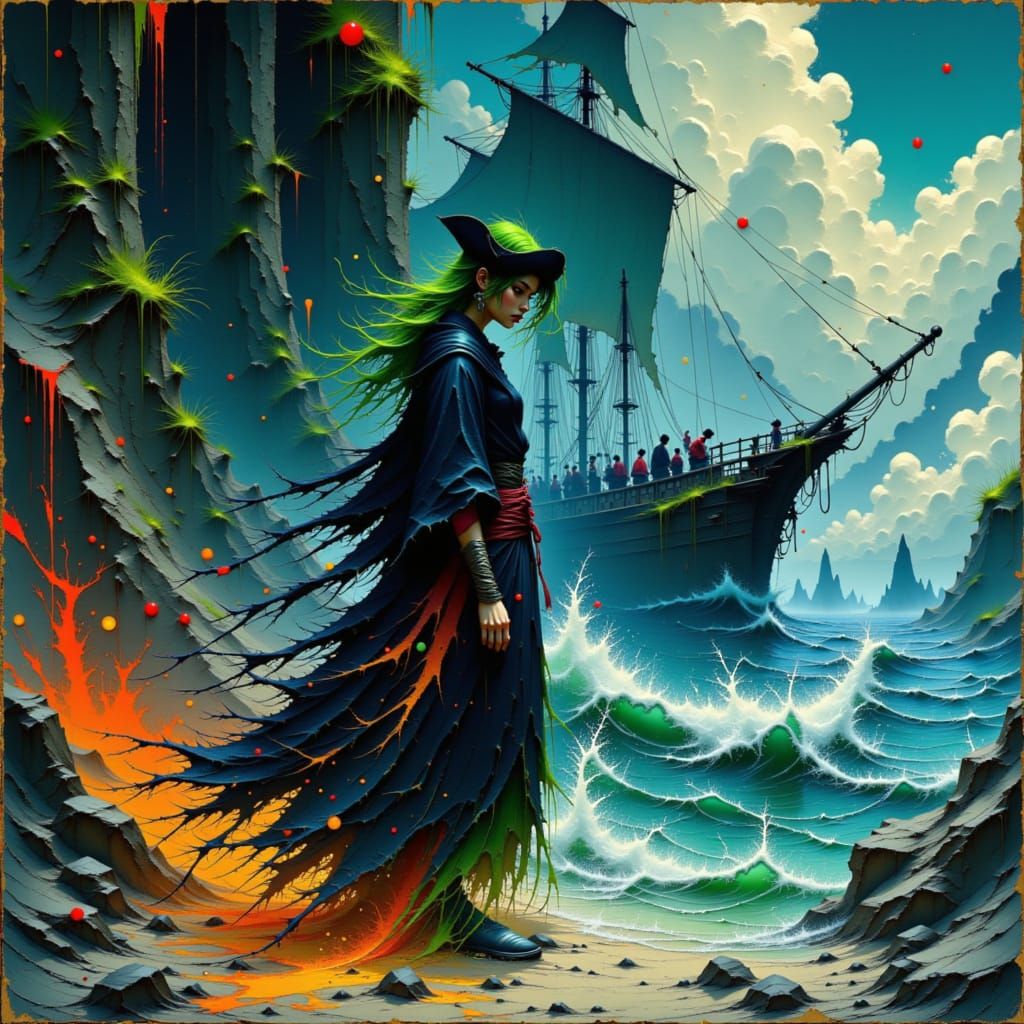 Mysterious Seaweed Woman on Pirate Ship, in Ukiyo-e Style