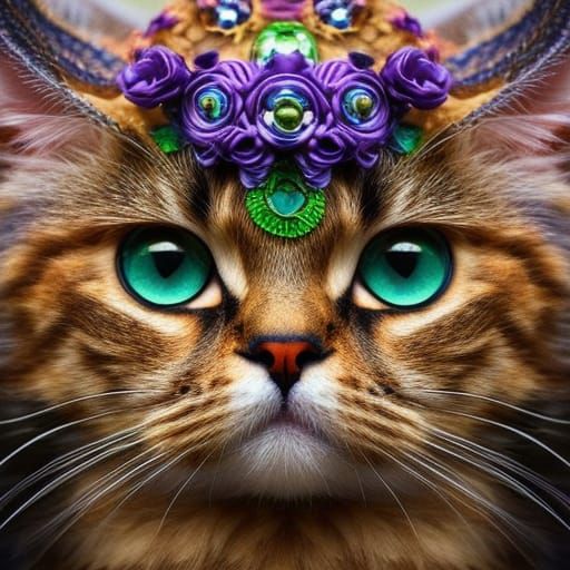 Adorable Cat in Flower-Hat, Detailed Fantasycore Portrait
