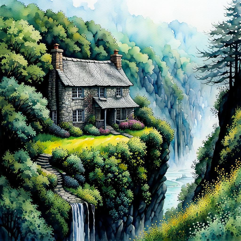 Cottage Overlooking Ravine in Neo-Impressionistic Style