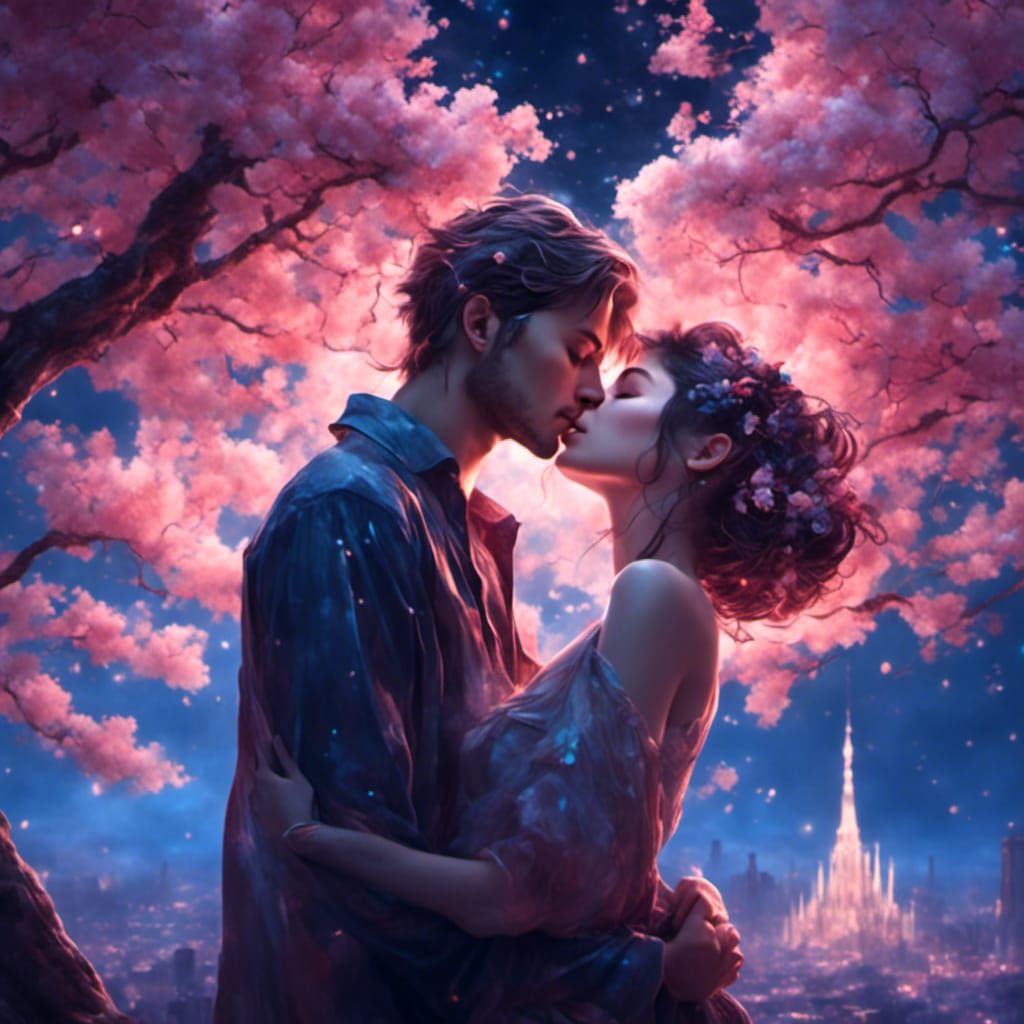 Kissing Couple Under Cherry Trees at Twilight