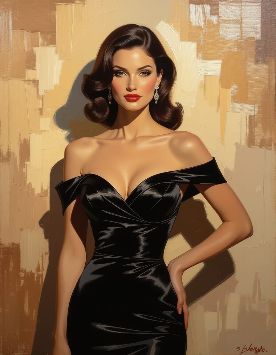 Impasto Oil Painting Of Elegant Woman In Black Dress
