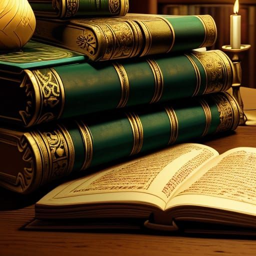 Ancient Leather-Bound Tomes in a Dimly Lit Library