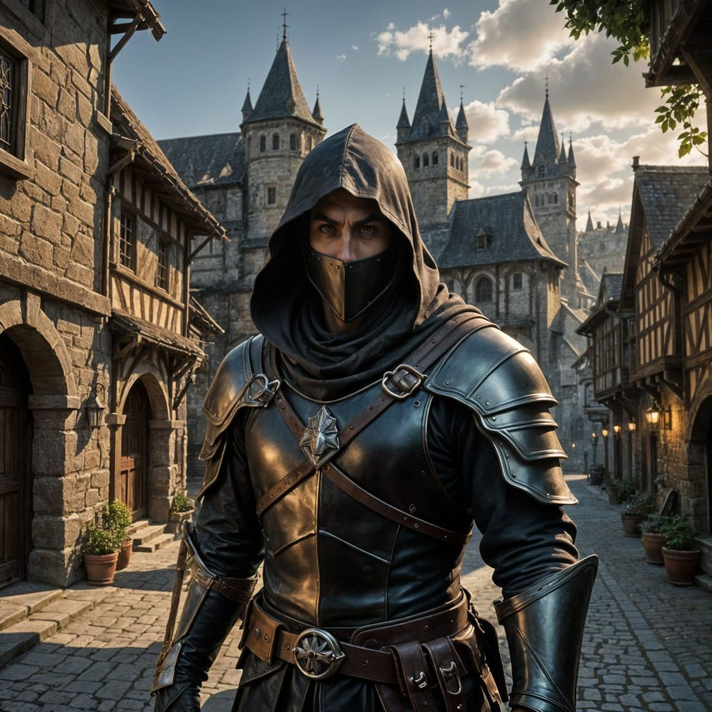 Dark Fantasy Shadow Bandit in Medieval Town