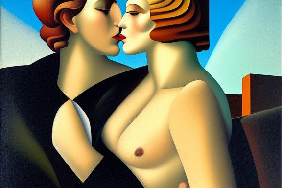 Romantic Art Deco Couple in Oil on Canvas