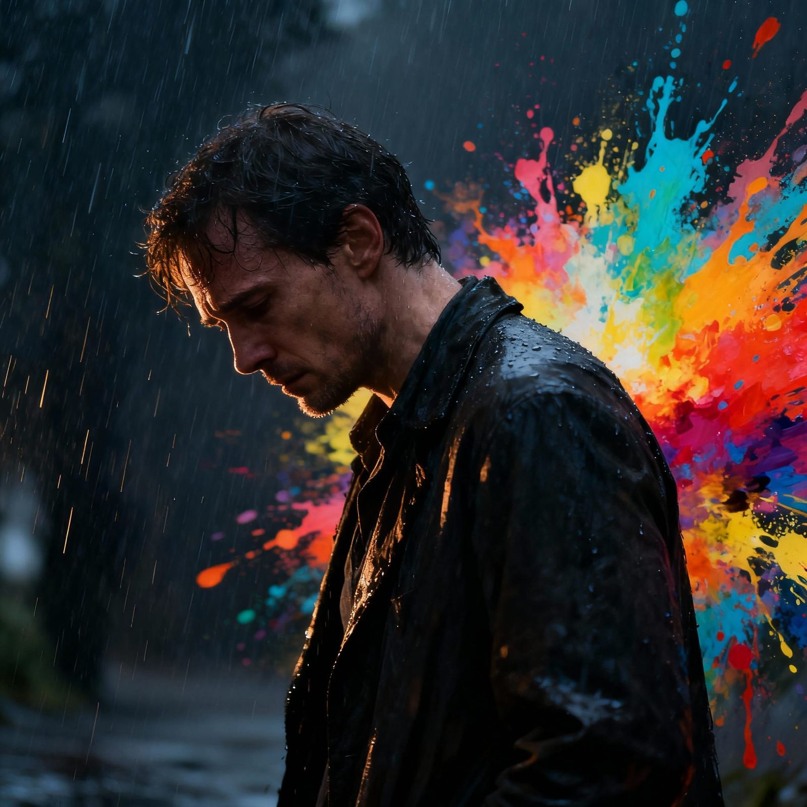 Man Walking in Rainstorm, Moody Lighting