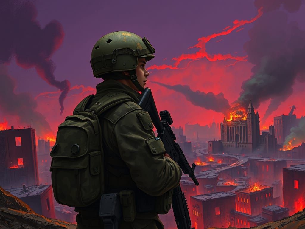 Soldier Surveys Ruined Cityscape in Gritty Fantasy Style