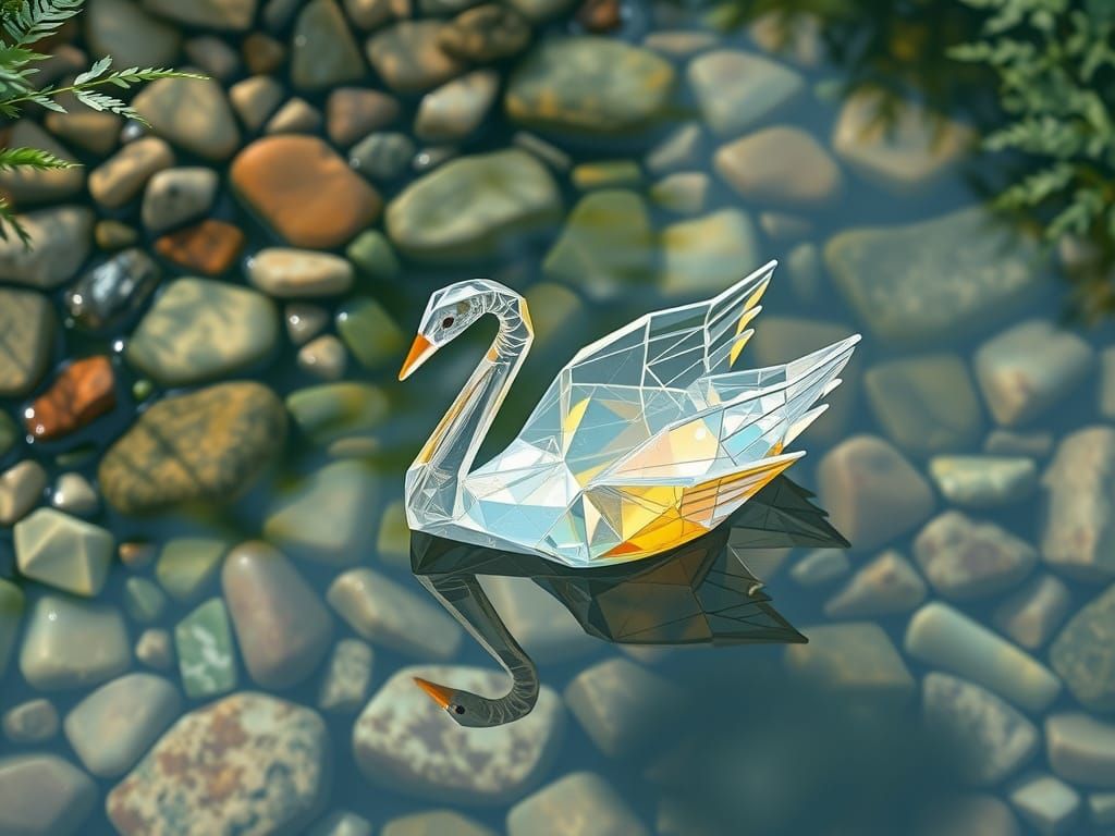 Crystal Origami Swan in Hyper-Realistic Style
