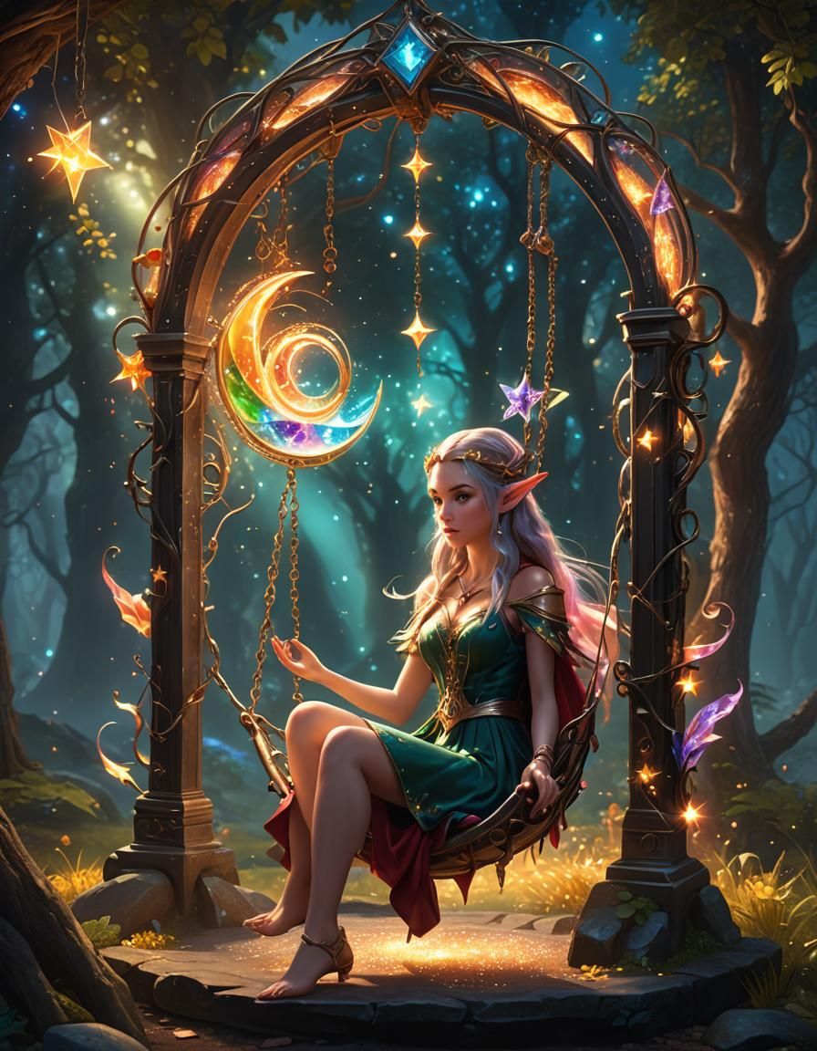 Magical Elf on a Swing Before Multicolored Portal
