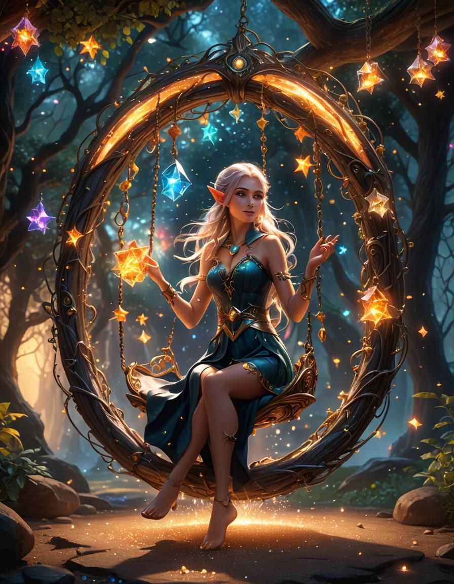 Enchanted Elf on Swing Near Multicolored Portal