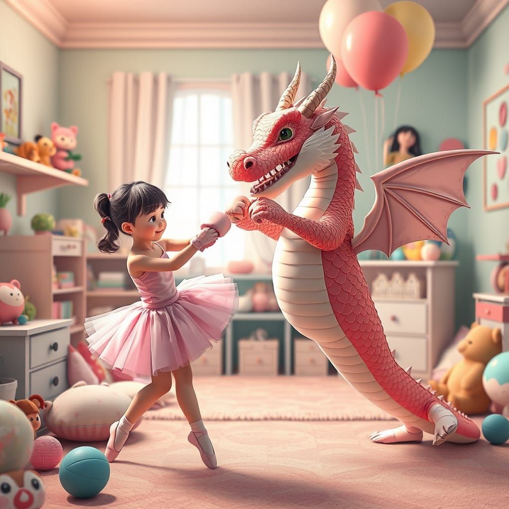 Whimsical Ballerina and Dragon in Vibrant Anime-Inspired Sce...