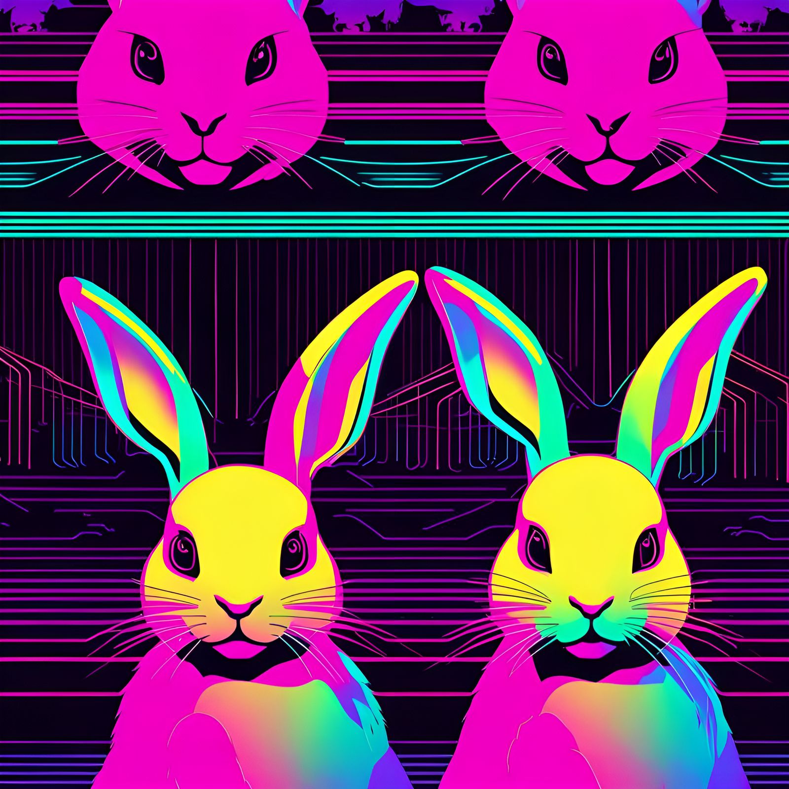 Rabbits in Neon Synthwave Retro Style
