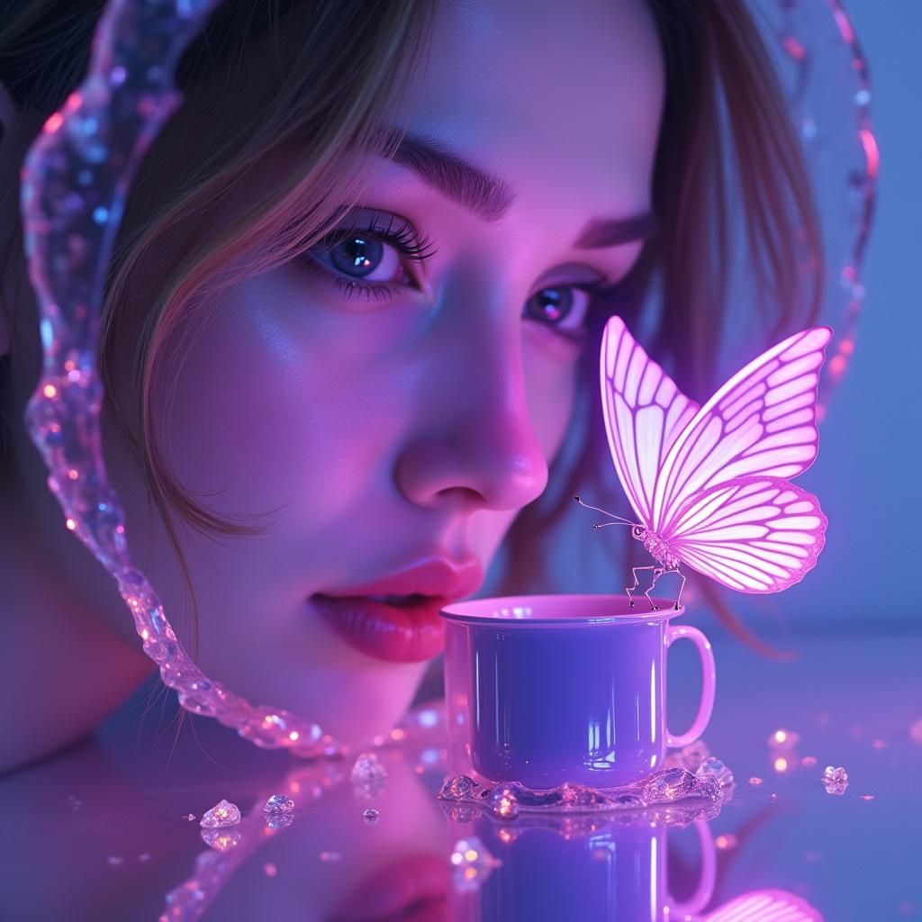 Surreal Woman's Face in Jelly Mirror with Hologram