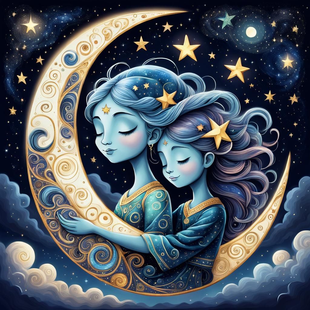 Anthropomorphic Moon Cuddling Star in Night Sky
