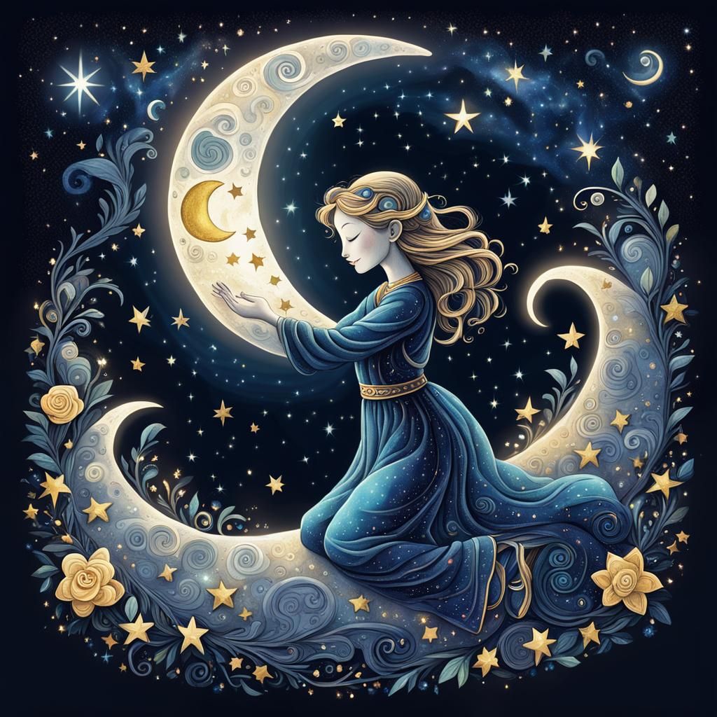 Anthropomorphic Moon Cuddling Star in Night Sky