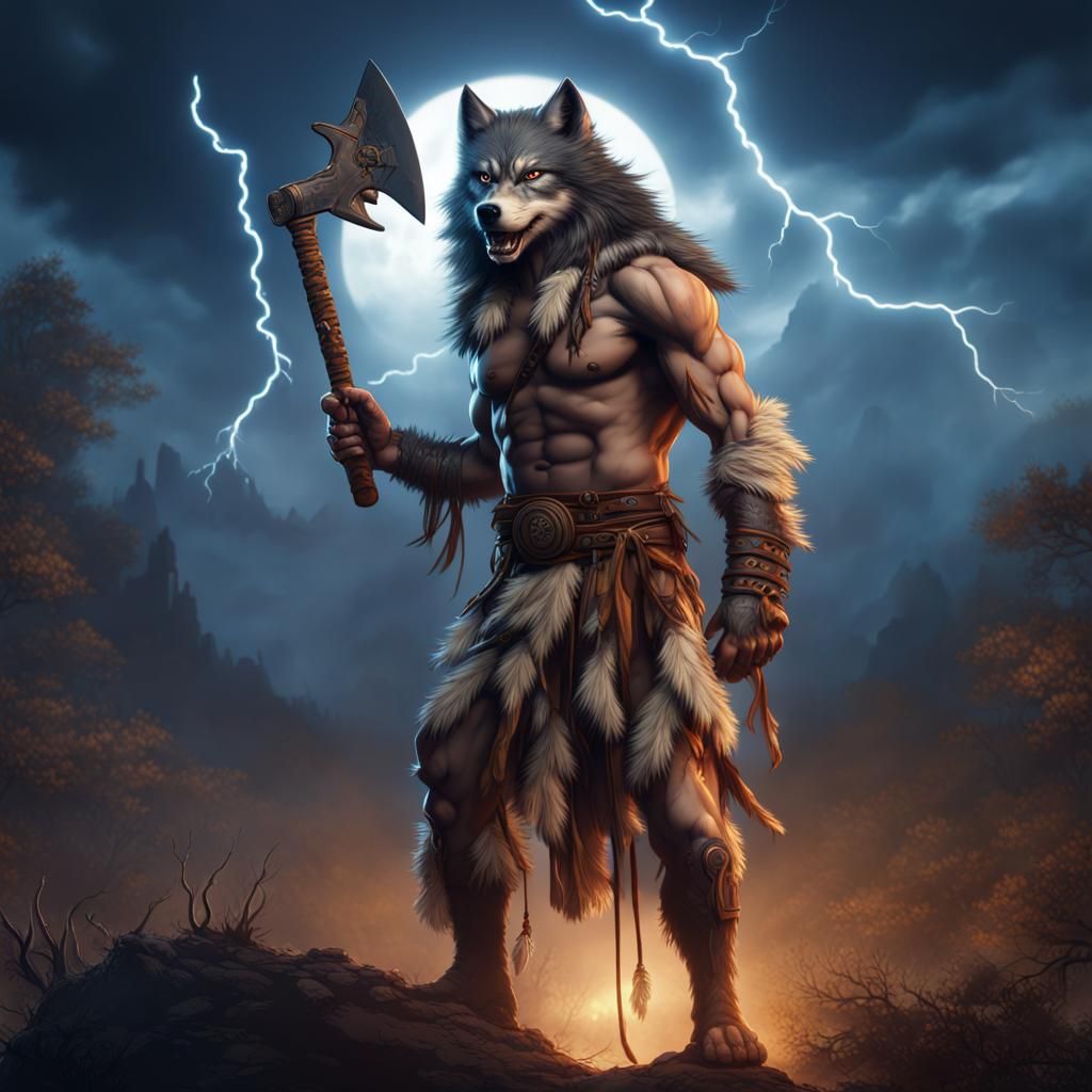 Native American Wolfman with Tomahawk Cartoon