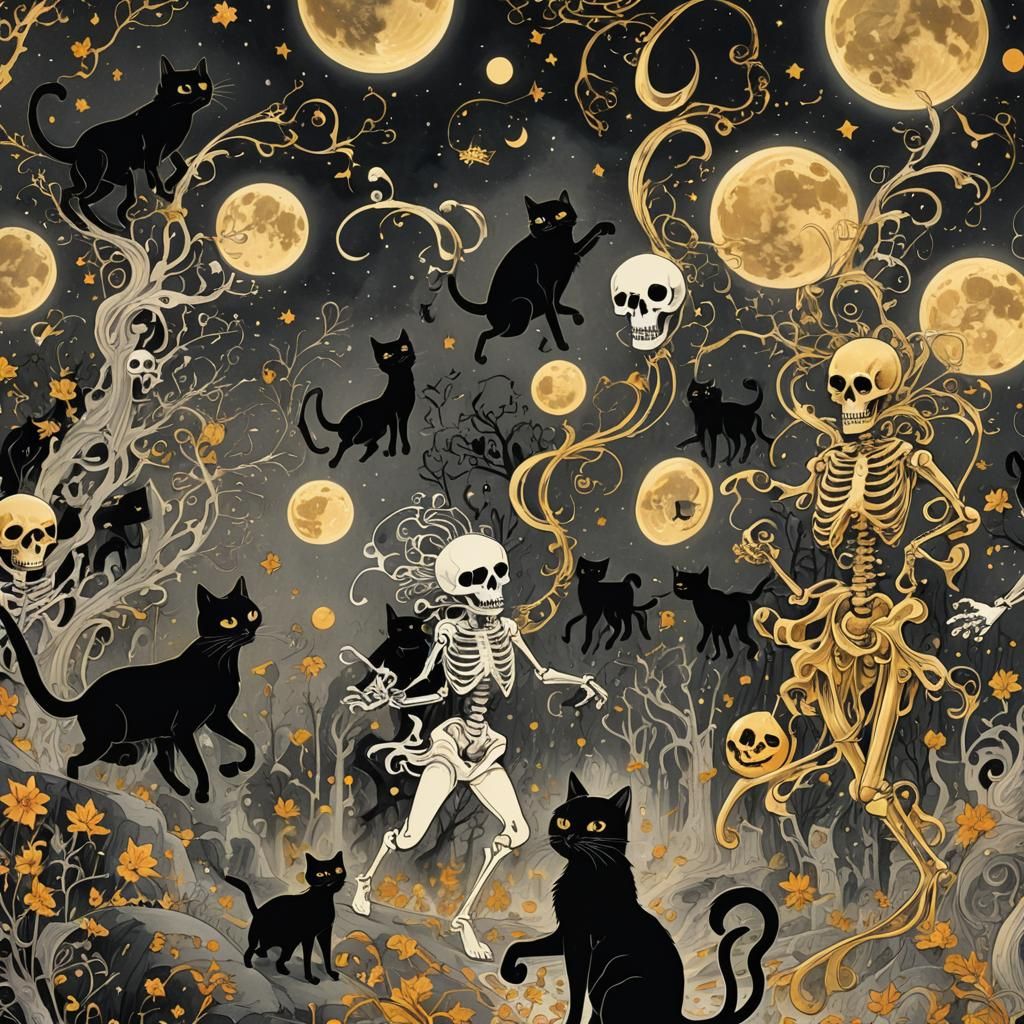 Whimsical Ink Illustration: Dancing Ghosts Under Moonlight