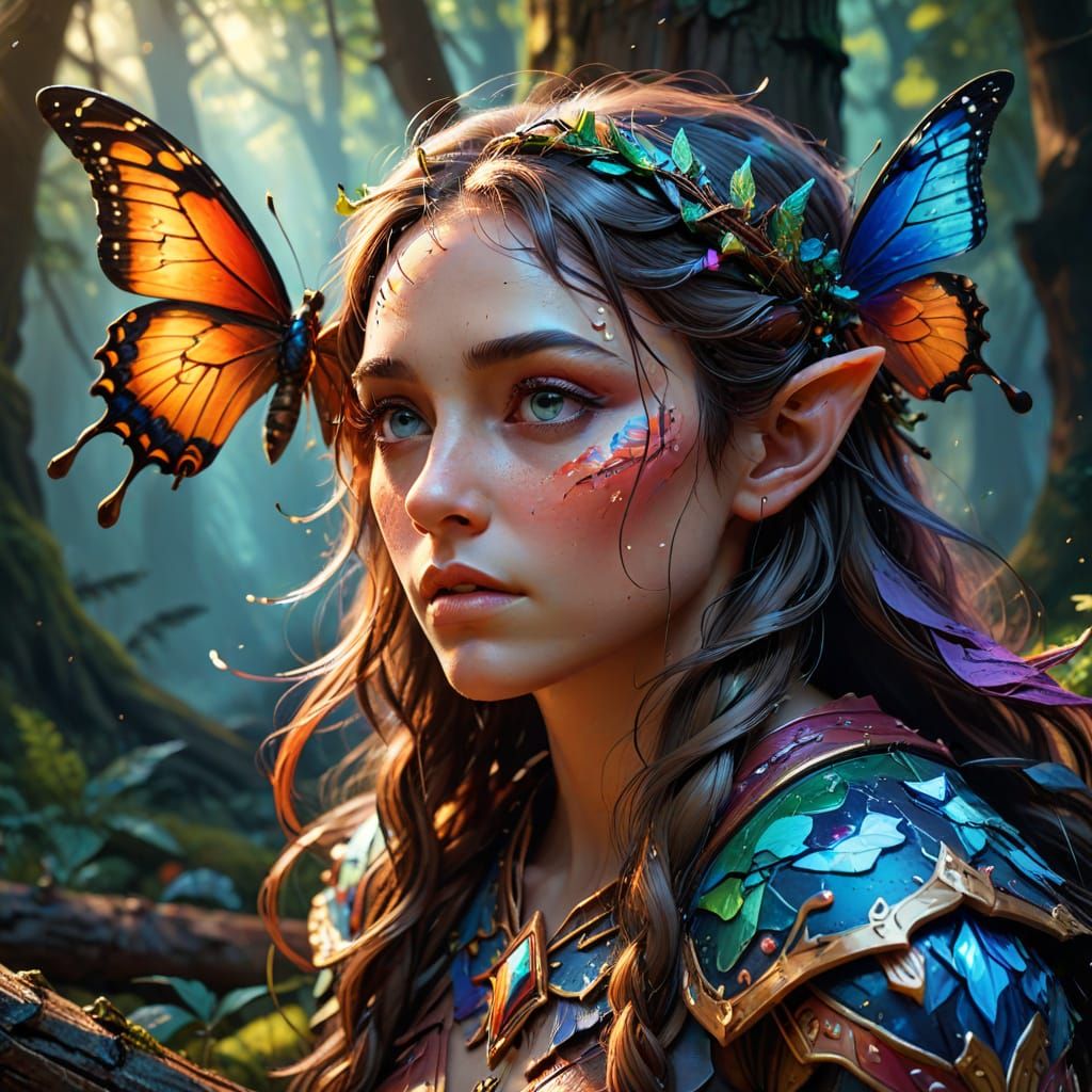Ethereal Elf Warrior in a Sunny Forest Glade, Masterpiece Oi...